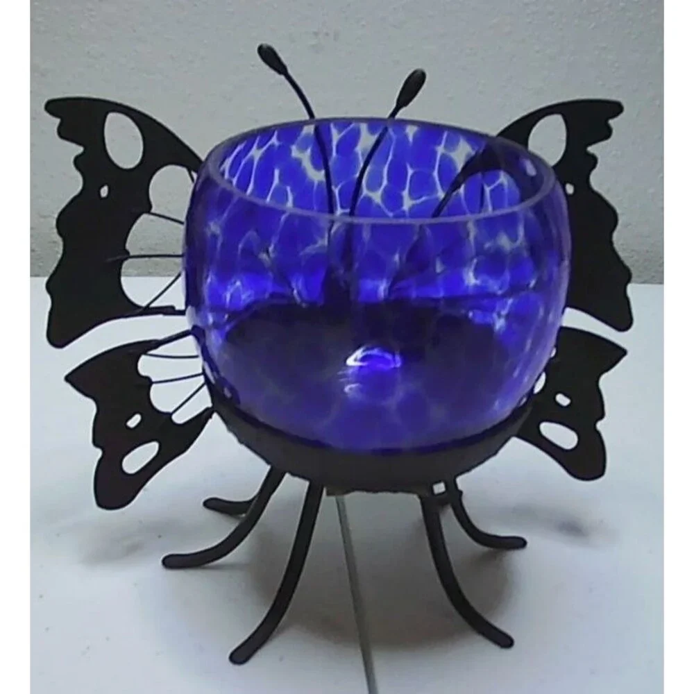 Flying Colors Butterfly Votive Candle Holder Blue Glass 2002 NOS